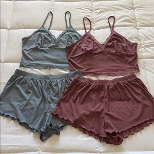 Elegant Women's Lace Trim Pajama Set - Blue and Mauve